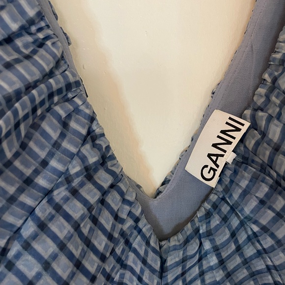 GANNI Gingham Check Ruffle Organza Sleeveless Dress In Heather - Picture 3 of 6